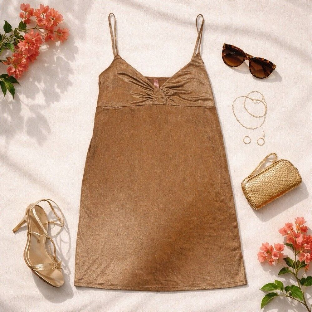 Metallic Gold Mini Slip Dress Ruched Bust Y2K Party Club Glam Sparkle Or Fade